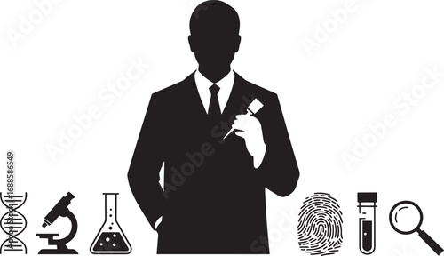 Silhouette of Forensic Scientist Examining Evidence with Laboratory Equipment on Transparent Backdrop
