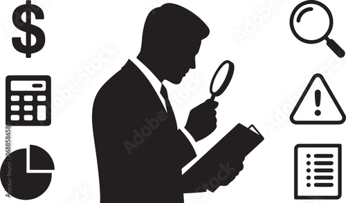 Silhouette of Financial Analyst Examining Documents with Magnifier on Transparent Backdrop