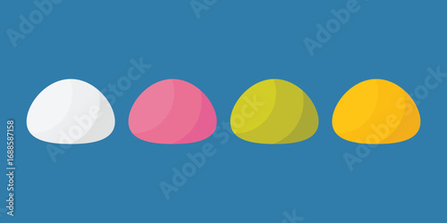 Set Mochi colored on white background. Japanese traditional sweet soft dessert. Bento mochi dish. Ball of rice flour with bean paste. Vector illustration with healthy sweet snack.