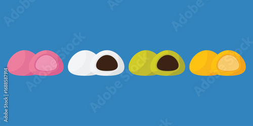 Set Mochi colored on white background. Japanese traditional sweet soft dessert. Bento mochi dish. Ball of rice flour with bean paste. Vector illustration with healthy sweet snack.