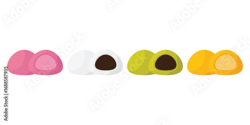 Set Mochi colored on white background. Japanese traditional sweet soft dessert. Bento mochi dish. Ball of rice flour with bean paste. Vector illustration with healthy sweet snack.