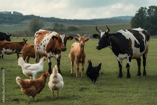 Happy farm animals graze peacefully in a lush green pasture under a cloudy sky