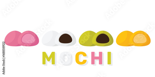 Set Mochi colored on white background. Japanese traditional sweet soft dessert. Bento mochi dish. Ball of rice flour with bean paste. Vector illustration with healthy sweet snack.