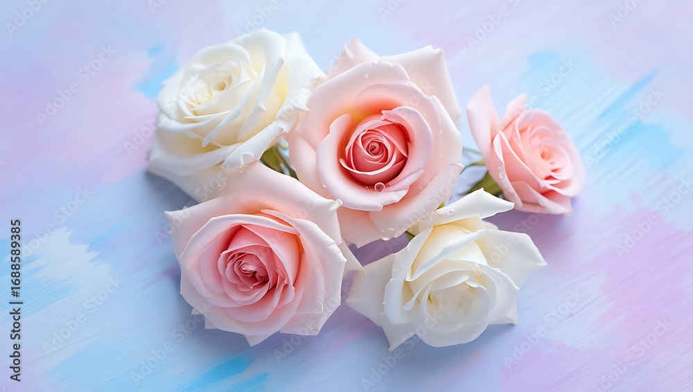 Fototapeta premium Delicate Pink and White Roses on Pastel Background – Romantic Floral Photography