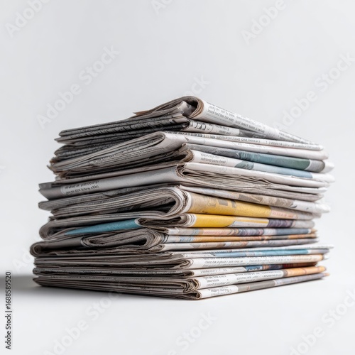 A neatly stacked pile of various newspapers against a plain white background.  The papers show diverse layouts and colors, suggesting a collection over time