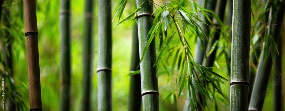 Obraz premium The bamboo stalks in a lush green forest creating a serene vertical pattern