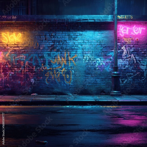 A neon-lit brick wall, graffiti-covered, stands beside a wet street at night, illuminated by vibrant pink and yellow signs