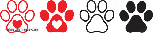 Four paw prints in different styles and colors on white background