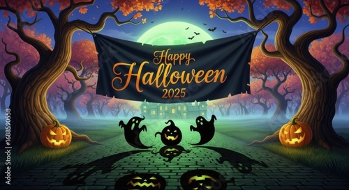 Halloween Scene with Glowing Jack-o'-lanterns and Spooky Trees in Dark Forest