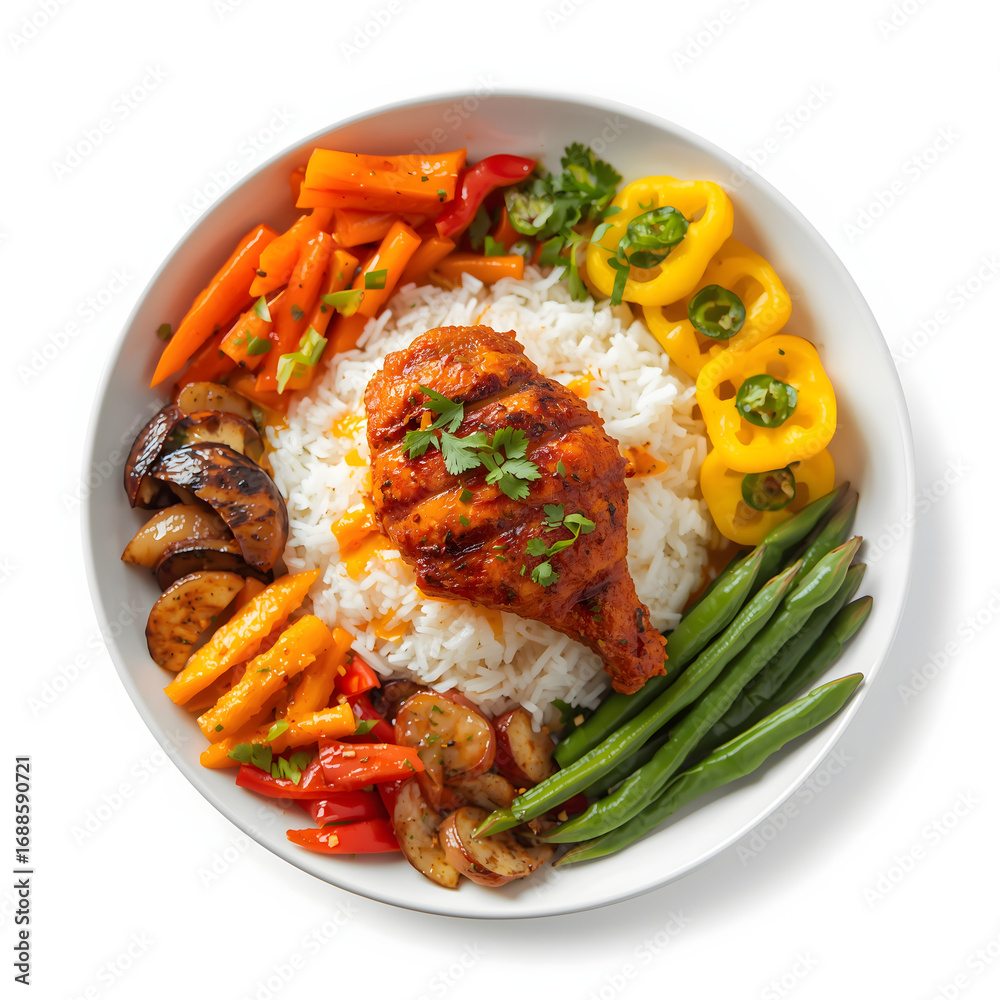 Fototapeta premium Delicious gourmet fried chicken with rice and fresh vegetables on a white plate