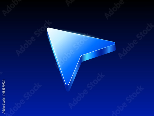 Blue 3D upward arrow icon pointing northeast isolated on a gradient dark blue background. 3d arrow head icon in vector illustration. Vector illustration
