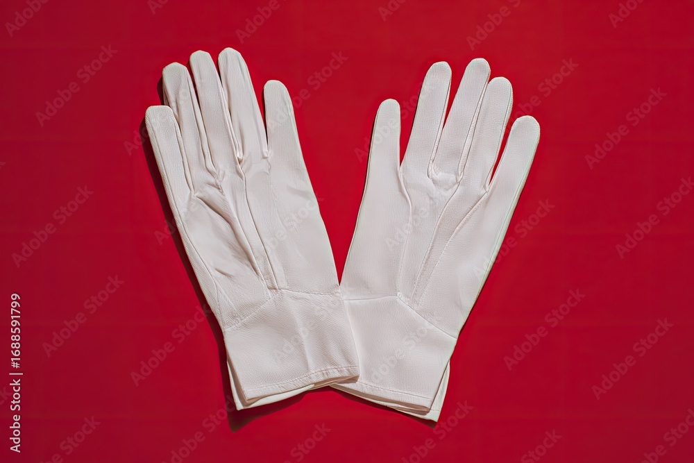Obraz premium A pair of pristine white gloves, laid flat on a vibrant red background, showcasing their simple, elegant design and smooth texture