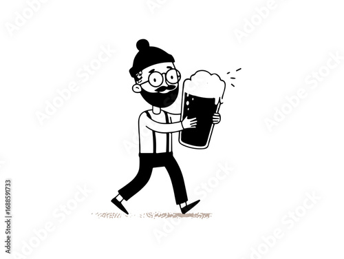 Bearded man carrying giant beer cartoon on beige background