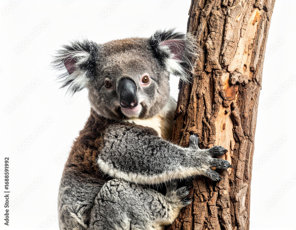 Naklejka premium Happy Koala Hugging Tree, isolated on transparent background .