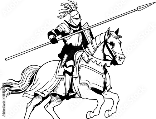 knight spear riding horse engraving black and white outline