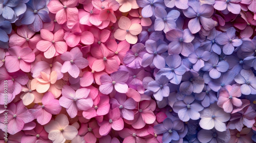 Fototapeta premium Dreamy gradient of hydrangea petals in shades of pink purple and soft blue tones