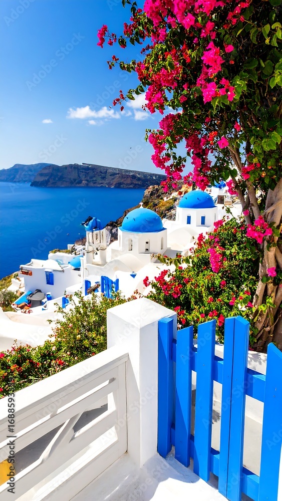 Obraz premium A picturesque view of whitewashed buildings and blue domes with a vibrant bougainvillea bush