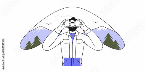 A person is depicted holding binoculars, framing a view of majestic mountains in the background. The simplified style highlights the serene nature of the landscape.AI generated.
