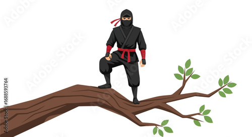 Stealthy Ninja Perched on Tree Branch.