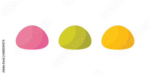 Set Mochi colored on white background. Japanese traditional sweet soft dessert. Bento mochi dish. Ball of rice flour with bean paste. Vector illustration with healthy sweet snack.