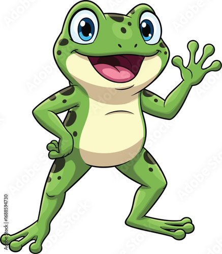 Cheerful cartoon green frog with blue eyes waving hand happily, standing amphibian vector illustration for kids and wildlife design.