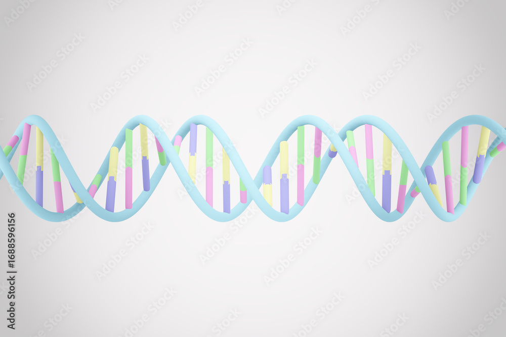 3D illustration of DNA double helix with color-coded nucleotides Adenine, Thymine, Guanine, and Cytosine. Clean molecular structure design for science, genetics, biology, and abstract backgrounds. 3D illustration of DNA double helix with color-coded nucleotides Adenine, Thymine, Guanine, and Cytosine. Clean molecular structure design for science, genetics, biology, and abstract backgrounds.