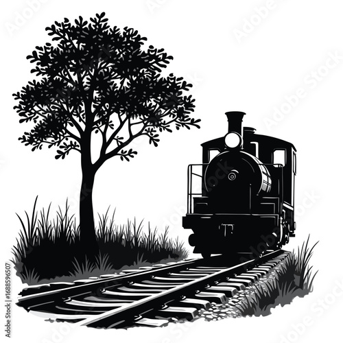 Black and white illustration of a steam train on tracks next to a tree