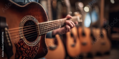 The guitarist showcasing a beautiful acoustic guitar in a music shop setting.