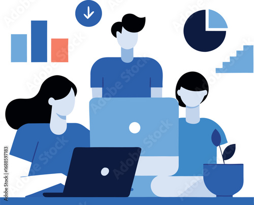 An illustrated vector icon showing diverse business people in an office communicating ideas on their laptops