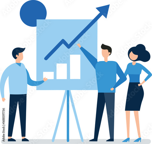 Businessman showing a bar graph with an upward arrow to illustrate business growth and financial success
