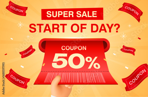 3d red coupon with coupon code, percentage off is being printed from a slot held by a hand, vouchers flying around, isolated on background. Gift voucher discount banner in 3d vector illustration