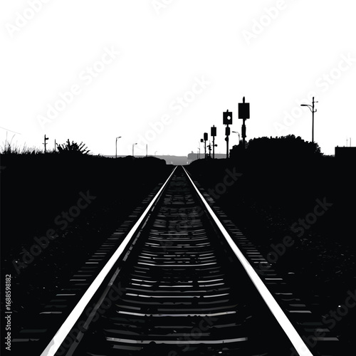 Black and white railway tracks leading to distant signals 1
