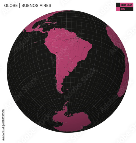 Vector Globe centered to Buenos Aires. Dark Gray Rose palette. World map with meridians, parallels, countries, rivers and lakes. Appealing vector illustration.