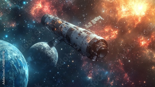 A futuristic space station orbits blue planet and moon against vibrant nebulae background