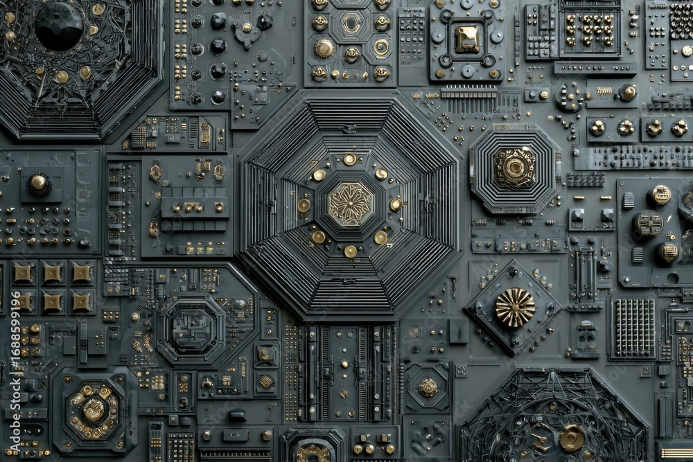 Fototapeta premium Abstract, intricate circuit board design with dark gray and gold accents. Geometric patterns, complex components