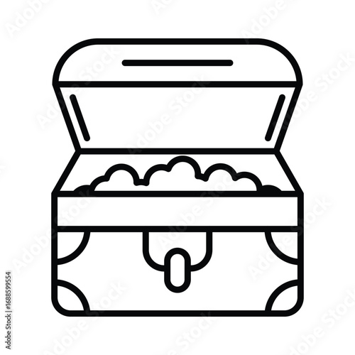 A blackoutlined treasure chest filled with riches and an open lid. Editable stroke. Vector icon illustration