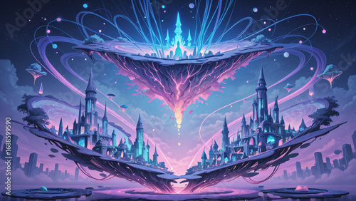 Fantasy city blending technology and nature