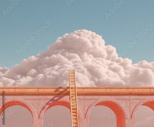 A pastel pink bridge arches under a large, fluffy pink cloud; a wooden ladder leans against the cloud, bridging the gap between the bridge and the cloud