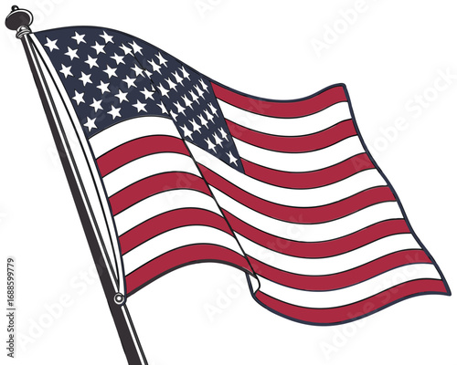 American Flag Rippling on a Pole Against a White Background usa flag stars and stripes