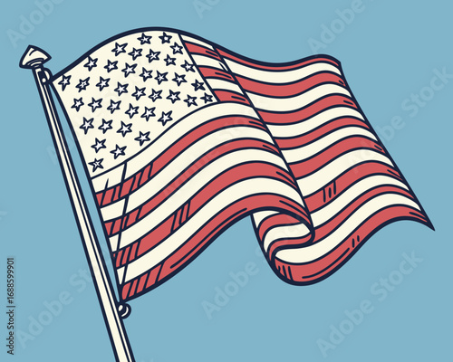 American Flag Illustration on Blue Sky Background usa flag stars and stripes