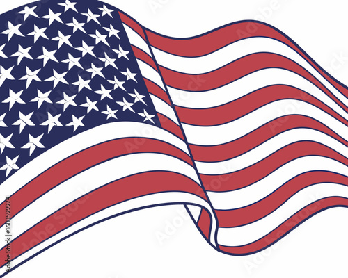 Close-up of a Waving American Flag Illustration with Stars and Stripes on White Background Keywords: American flag, USA flag, stars and stripes, waving flag, patriotism, symbol, national flag