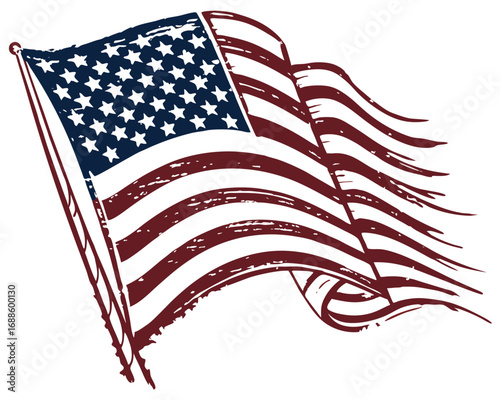 Textured American Flag Waving On White Background Keywords: american flag, usa, united states, flag, stars and stripes, patriotism, freedom, democracy, national symbol, independence, liberty