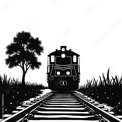 Black and white silhouette of a train on tracks with a tree and grass