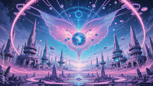 Fantasy city blending technology and nature