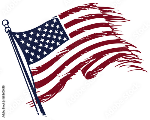 Distressed American Flag Illustration Waving On White Background Keywords: american flag, usa, united states, flag, stars and stripes, patriotism, freedom, democracy, national symbol, independence