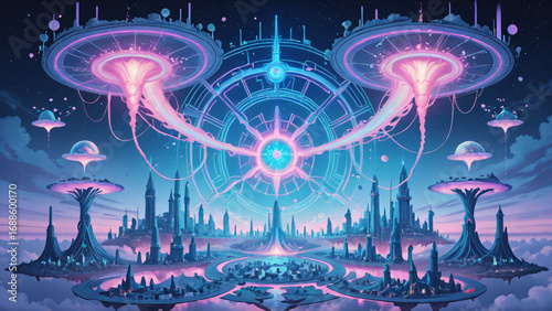 Fantasy city blending technology and nature