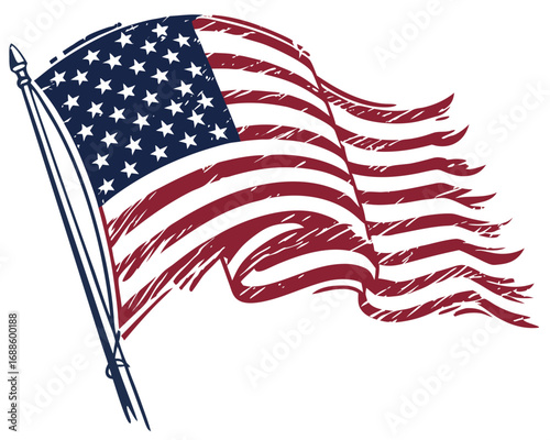 Grunge American Flag Waving On White Background Keywords: american flag, usa, united states, flag, stars and stripes, patriotism, freedom, democracy, national symbol, independence, liberty