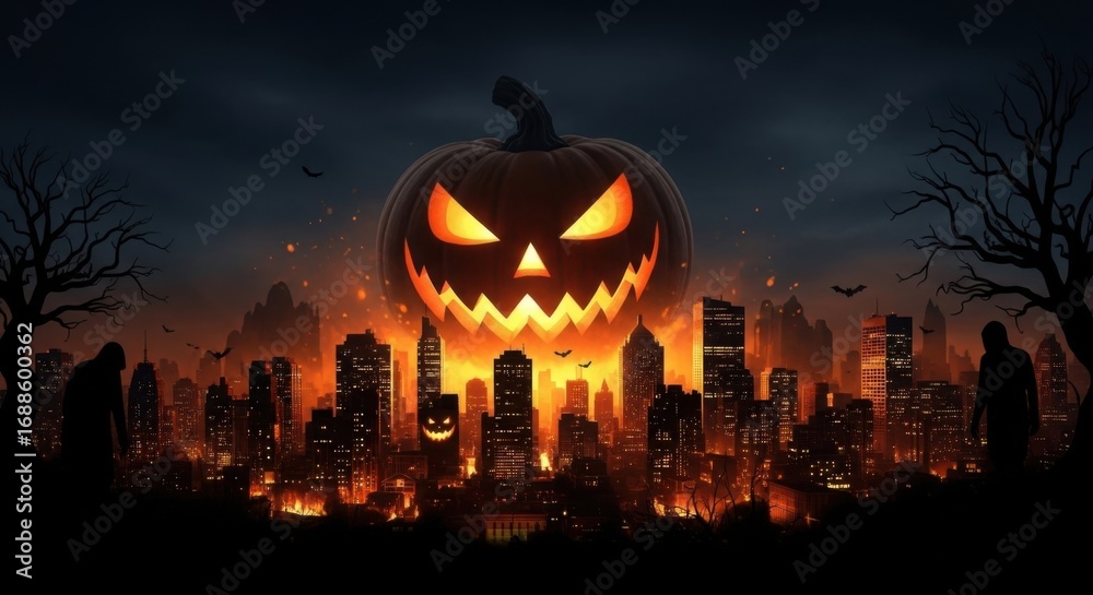 Fototapeta premium Halloween Pumpkin with Menacing Face Floating Over Cityscape at Night