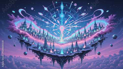 Fantasy city blending technology and nature