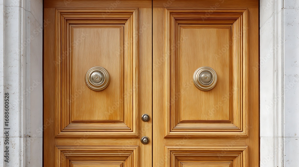 Fototapeta premium ornate cedar door with concealed hinges, double glazing, round rosette with refined styling.